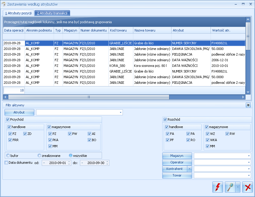 Podręcznik Użytkownika systemu Comarch OPT!MA Str. 105 Rys. Zestawienie wg atrybutów pozycji Ponadto podczas wyliczania zestawienia można założyć dodatkowe filtry na: typ dokumentu (FA/ PA.