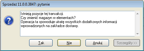 Rysunek 11 Okno Zmiany na dokumencie Jeżeli opcja: Magazynu jest odznaczona, to zmiana magazynu na dokumencie/elemencie nie spowoduje aktualizacji promocji na elementach i nie pojawi się okno Zmiany