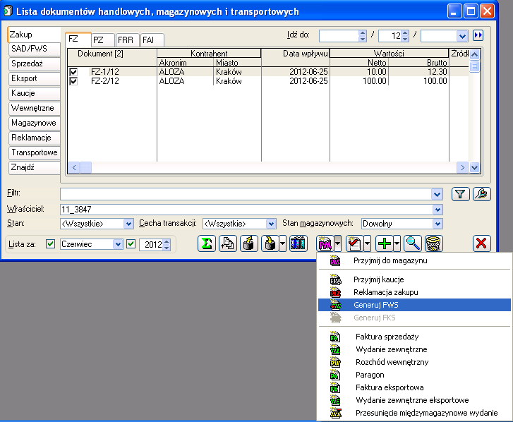 Rysunek 40 Generowanie FWS z menu kontekstowego Rysunek 41 Generowanie FWS z menu pod listą dokumentów Faktura wewnętrzna sprzedaży może być wystawiona do pojedynczej faktury