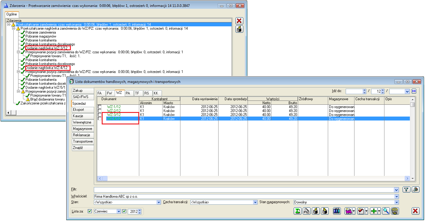 Rysunek 48 Generowanie wielu dokumentów handlowych operujących na jednym magazynie Zmodyfikowane zostały również zasady realizacji zamówienia, z którego wygenerowano już dokumenty magazynowe.