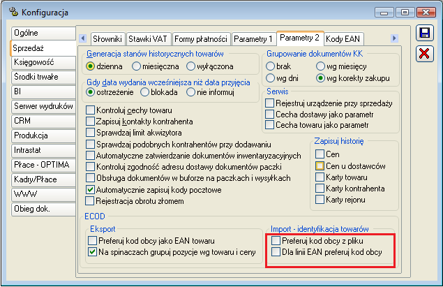 Rysunek 57 Parametr kolejności ustalania kodu EAN podczas eksportu dokumentu do ECOD System honoruje obecnie jednostkę pomocniczą zdefiniowaną dla kodu obcego.