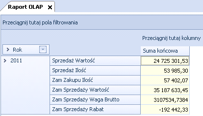 15. Rozwój funkcjonalny raportów OLAP Rysunek 105 Harmonogram wykonania procesu alokacji 15.1. Pokaż miary w wierszach Funkcjonalność pozwala zmienić sposób umiejscowienia miar na raporcie.