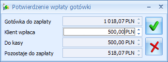 gotówki, gdzie domyślnie podpowiada się całość kwoty z Wydania Zewnętrznego. W tym miejscu Operator wprowadza kwotę, jaką otrzymał od Klienta: Rys.