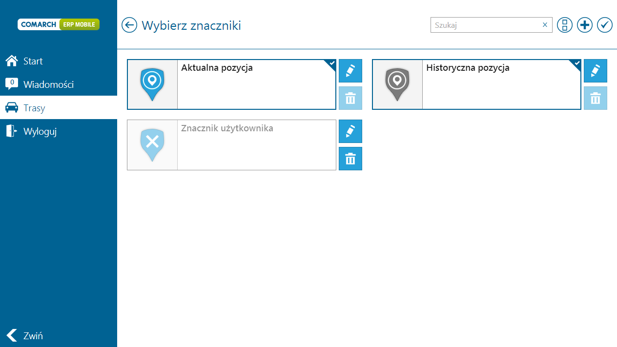 Widok filtra znaczników na ekranie aktualnych pozycji Prezentowane są znaczniki aktualna i historyczna pozycja oraz znaczniki zdefiniowane przez użytkownika.