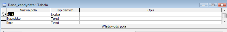 Definiowanie pól tabeli Nadawanie nazw polom w kolumnie Nazwa pola. Nazwa pola może mieć od 1 do 64 znaków.