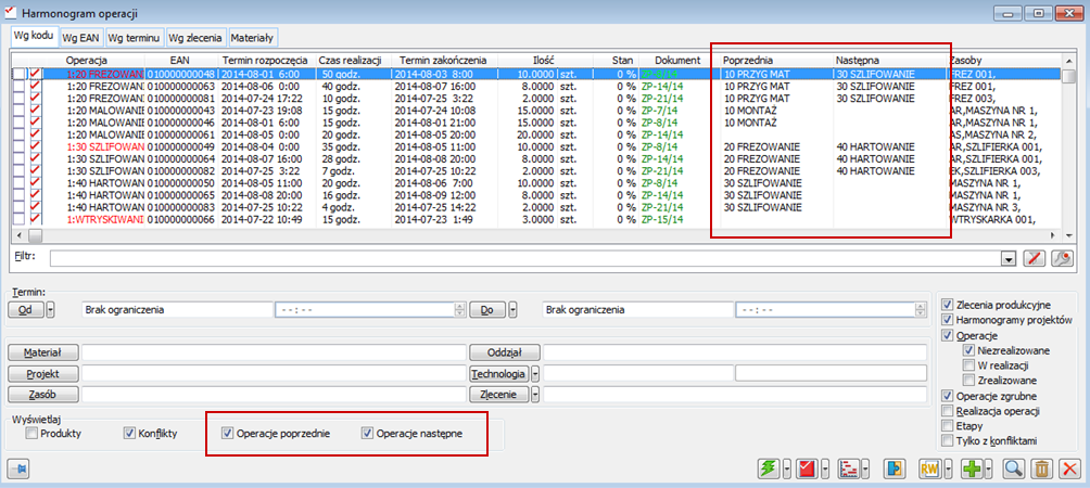 Rysunek 42 Raportowanie poprzedników i następników w oknie: Operacji, na zakładce: Operacje powiązane. W oknie Harmonogramu operacji po zaznaczeniu parametrów: Poprzednia i Następna.