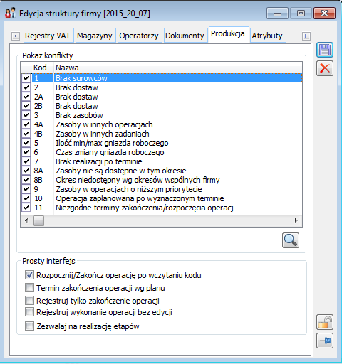 Rysunek 63 Parametryzacja konfliktów w oknie: Centrum struktury firmy, na zakładce: Produkcja. Uwaga: Parametryzacja konfliktów to również zmiana wydajnościowa.