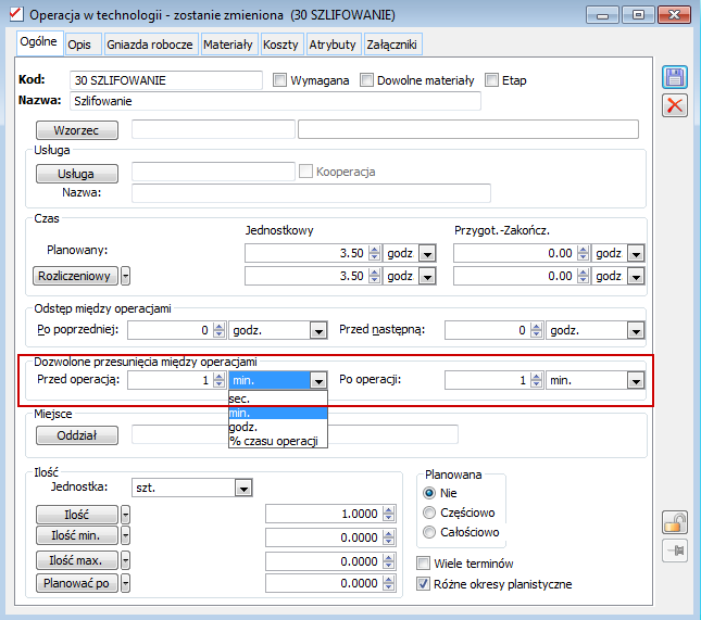 Dozwolone przesunięcia między operacjami definiujemy w oknie operacji w technologii. Wartość przesunięcia można określać w jednostce czasu lub w procencie czasu operacji.
