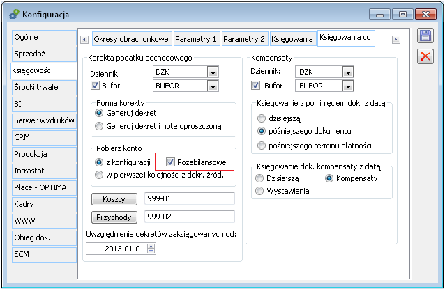 1.2.1. Zmiany w konfiguracji W konfiguracji Księgowość/Księgowania cd, w sekcji Pobierz konto dodano nowy parametr o typie czek, o nazwie Pozabilansowe.