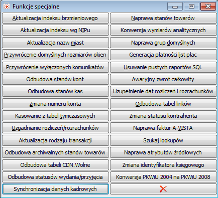 Rysunek 94 Lista funkcji specjalnych w module Administrator Narzędzie pozwoli na uporządkowanie powiązań rekordów w obu bazach tak, aby każdy rekord został prawidłowo odwzorowany w drugiej bazie.