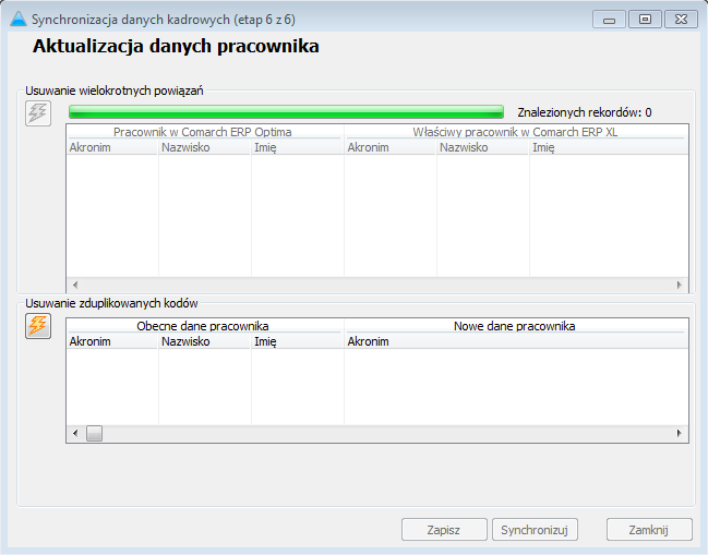 Rysunek 95 Funkcja specjalna Synchronizacja danych kadrowych Etap: Aktualizacja danych pracownika Na etapie rozwiązywania konfliktów w specjalnych tabelach zostaną umieszczone informacje o tych,