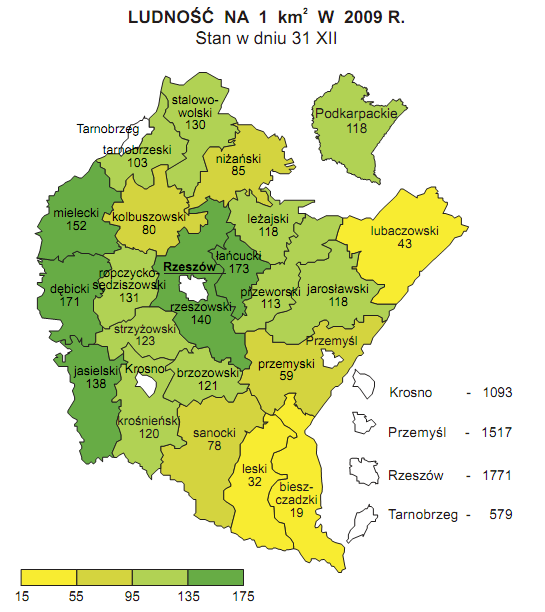 Studium Wykonalności: "Podkarpacki System Informacji Medycznej" Rysunek 3. Ludność na 1km² w woj. podkarpackim w 2009 r. Źródło: Główny Urząd Statystyczny Mieszkańcy woj.