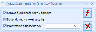 Sprawdzanie unikalności nazw fiskalnych po wywołaniu funkcji generowane jest okno, w którym znajdują się trzy parametry: Rys. Sprawdzanie unikalności nazw fiskalnych.