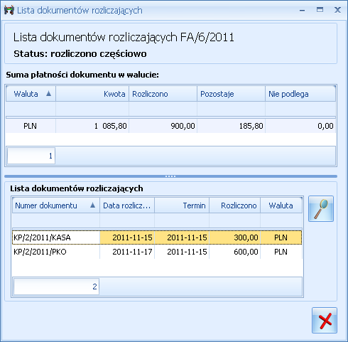 Okno jest listą zawierającą informacje: Rys. Lista dokumentów rozliczających Numer dokumentu, dla którego są wyświetlane zapisy rozliczające Kwota kwota dokumentu w walucie tego dokumentu.