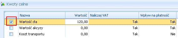 Rys. Kwoty celne Po uzupełnieniu wartości, pozycja jest automatycznie zaznaczana: Łączna wartość kwot celnych jest proporcjonalnie rozdzielana na pozycje FZKG.