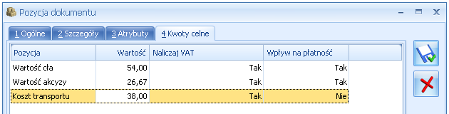 Pozycja dokumentu Korekty Granicznej W oknie Pozycja dokumentu Korekty Granicznej jest dostępna zakładka Kwoty celne, gdzie widoczne są naliczone dla towaru wartości kwot celnych, Użytkownik ma