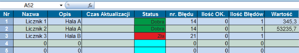 Arkusz Ustawienia Modbus Wejśd w arkusz Ustawienia Modbus lub w zakładce Dodatki nacisnąd przycisk Ustawienia Modbus. Czas cyklu - (pojedyncza komórka w górnej części obszaru arkusza).