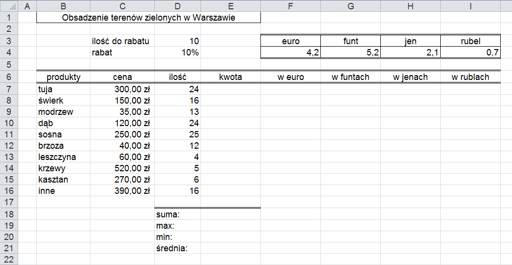 papieru formatu A4, bez podziału na oddzielne arkusze wydruku. Ćwiczenie 8 (wykorzystanie nazw komórek i obszarów w formułach oraz formuły warunkowe) Następujący zeszyt zakupy do zrobienia.