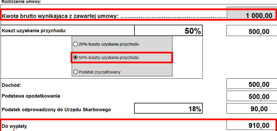 3.2.2 Umowa o dzieło 50% Umowa o dzieło z przekazaniem praw autorskich z 50% kosztem uzyskania przychodu dotyczy tylko i wyłącznie praw autorskich majątkowych, co do utworu/pracy.