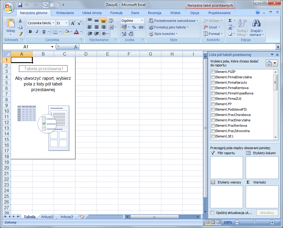 Tworzenie wzorcowego arkusza raportu Przy pierwszym eksporcie, cz też wykonywaniu raportu od ręki (ad-hoc) zostanie przy otwarciu programu Microsoft Excel automatycznie utworzona tabela przestawna ze