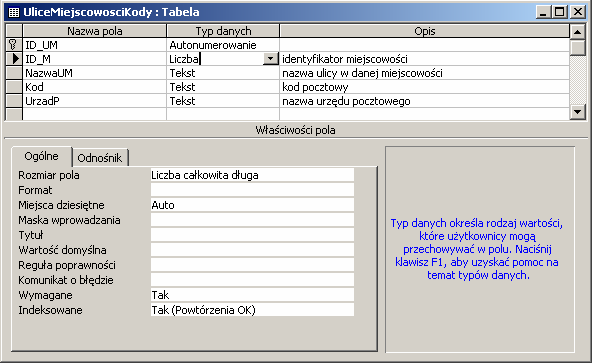 126 Pierwszym polem w tej tabeli jest pole ID_UM typu autonumer, pole to będzie pełniło rolę klucza tej tabeli. Kolejne pole to ID_M, pole identyfikujące miejscowość.