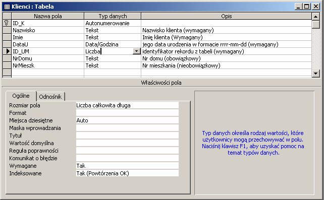 127 Po zaprojektowaniu tabel Miejscowosci oraz UliceMiejscowosciKody możemy przejść do zaprojektowania właściwej tabeli Klienci. Projekt tabeli Klienci pokazany jest niżej.