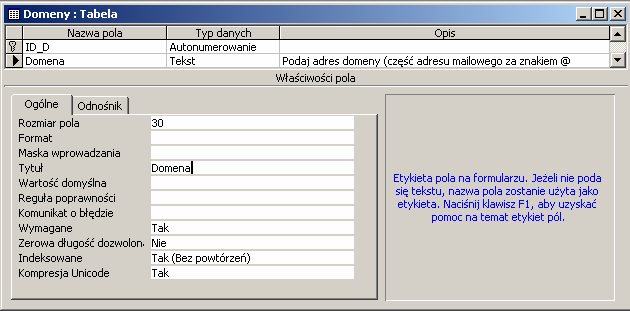 131 Przed rozpoczęciem projektowania tabeli AdresyMailowe warto się zastanowić, czy nie powinniśmy rozdzielić nazwy konta pocztowego od nazwy domeny.