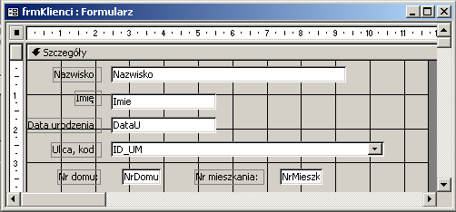 148 umieszczone zostało pole Miejscowosc, ale z opcją bez pokazywania wartości tego pola, za to z sortowaniem rosnącym.