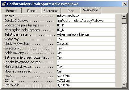 154 Po zakończeniu pracy kreatora podformularzy w analogiczny sposób umieszczamy drugi podformularz do wyświetlania numerów telefonów.