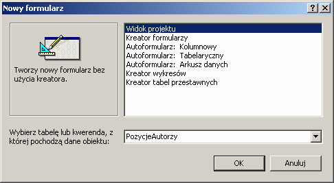 157 dane autorów. Zbudujemy kwerendę pracującą na polach tabeli Autorzy, kwerenda ta zwróci nam pole ID_A oraz pole wyliczane Autor zbudowane wg pokazanej niżej formuły.