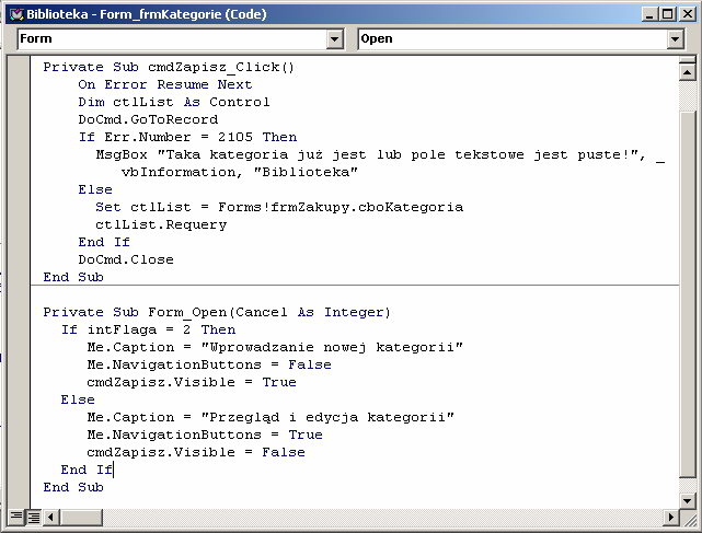 168 W bardzo podobny sposób modyfikujemy formularz frmkategorie. W projekcie dodajemy przycisk polecenia o nazwie cmdzapisz.