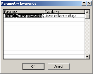 184 Pole DataZ ma ustawione kryterium Is Null, pole DataPZ ma zdefiniowany warunek <Now(), a pole ID_K odwołuje się w kryterium do wartości zwracanej przez obiekt cboklient formularza