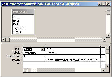 188 Pozostało nam przygotowanie dwu kwerend parametrycznych aktualizujących pola Status w tabelach Klienci oraz Sygnatury.