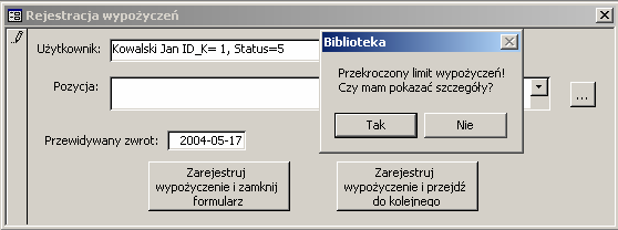 191 W sytuacji, gdy kolejną książkę chce wypożyczyć osoba, która zalega ze zwrotem wcześniej wypożyczonej pozycji procedura obsługująca zdarzenie Po aktualizacji pola kombi cboklient zgłosi stosowny