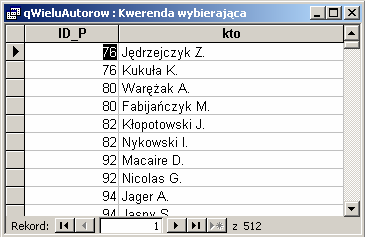 203 Dane zwracane przez kwerendę qwieluautorow wykorzystamy w kodzie VBA do programowego dołączenia do tabeli tempautorzytytuly rekordów zawierających dla każdej ID_P z tej kwerendy zbitki informacji