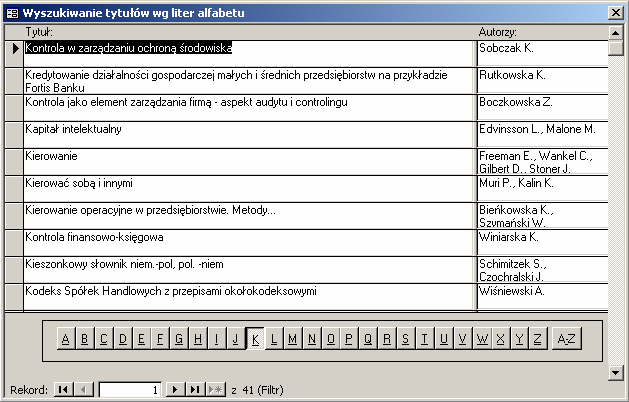208 Możemy już zobaczyć formularz frmwyszukiwaniewgtytulow w działaniu, w pokazanej sytuacji wyświetlane są te pozycje biblioteczne i ich autorzy, dla których tytuł zaczyna się na literę K. 5.7.