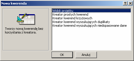 21 Prace nad projektem kwerendy zaczynamy od wywołanie polecenia Nowy w obiekcie Kwerendy okna bazy danych.