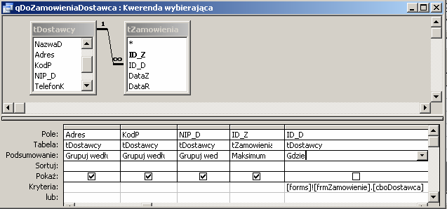 238 Poprawna praca tej kwerendy wymaga, aby skorzystać z menu Kwerenda/Parametry w celu jednoznacznego zdefiniowania typu zwracanej informacji w kryteriach pola ID_D.