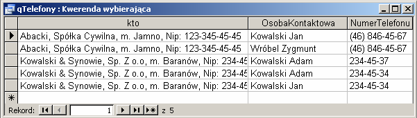 25 Dla pola OsobaKontaktowa wpisano warunek Like Kow*, jego zadaniem jest ograniczenie liczby rekordów do tych, dla których nazwisko osoby kontaktowej zaczyna się od znaków Kow.