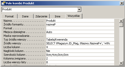 278 Poniżej pełna postać procedury zdarzenia AfterUpdate pola Kategoria z instrukcją SQL dostarczającą potrzebne dane do pola kombi Produkt, Private Sub Kategoria_AfterUpdate() Me.produkt.