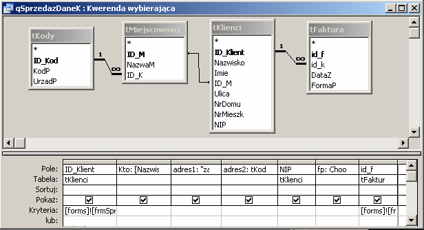 289 Kwerenda ta zwróci dane tego klienta, którego identyfikator otrzyma z formularza frmsprzedaz z pola cboklient. Dla pola ID_klient zdefiniowane zostało kryterium: [forms]![frmsprzedaz].