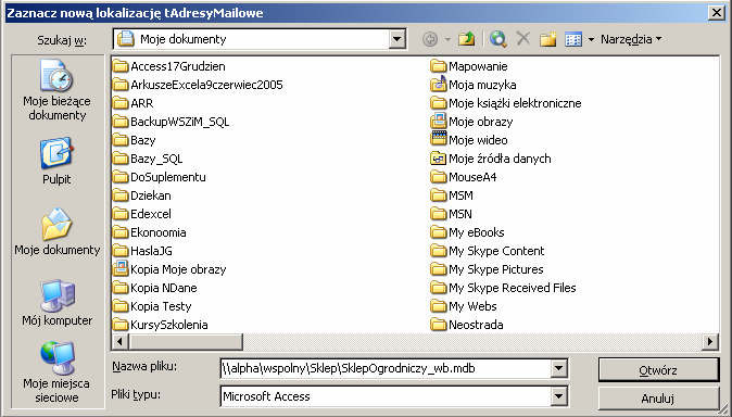 Za chwilę bazę danych umieścimy w udostępnionym folderze Sklep na serwerze plików o nazwie Alpha w folderze Wspolny.