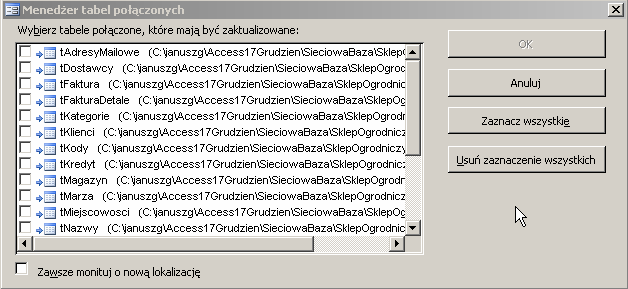 349 W pokazanej sytuacji widzimy, że adresy wszystkich tabel przyłączonych wskazują na bazę danych SklepOgrodniczy_wb.
