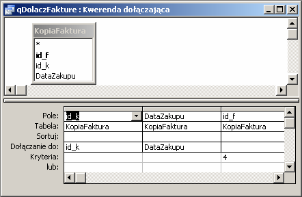 35 Po określeniu tabeli docelowej projekt kwerendy zostaje uzupełniony o wiersz Dołączanie do, w tym miejscu będziemy określać nazwę pola, do którego mają być dołączone dane.