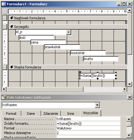 57 Pole txtrazem nie będzie wyświetlone w podformularzu, ale odwołamy się do tego pola w formularzu głównym wyświetlając łączną wartość faktury.