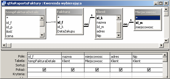 73 Raport główny musi być oparty o takie źródło danych, które opisze kupującego, dodatkowo powinno zwrócić numer kolejny faktury. Pokazana niżej kwerenda zwraca takie informacje.