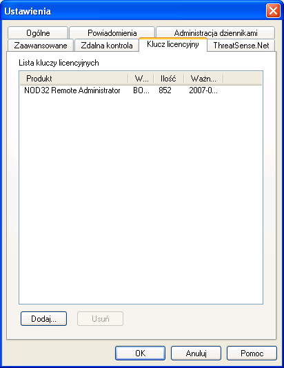 Winroute Firewall, etc. Zakładka zawiera listę uŝywanych kluczy oraz informacje o nazwie produktu, nazwie właściciela, liczbie licencji i dacie waŝności.