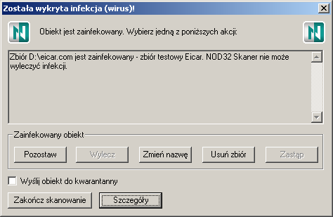 Górna część panelu wyświetla przewijające się okno z informacją o pliku, w którym wykryto wirusa.