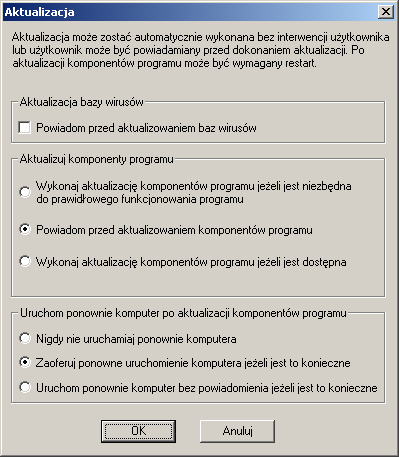 Aby zmienić domyślne ustawienia automatycznej aktualizacji naleŝy nacisnąć Zmień. Aby zmienić wartości wcześniej wybranych parametrów naleŝy nacisnąć Wstecz.