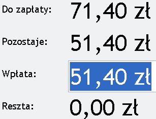 Klikamy na przycisk. 5. Po wybraniu funkcji Zakończ Paragon jest zatwierdzany zgodnie z wybranymi formami płatności (20,00 zł gotówką, 51,40 zł przelewem).